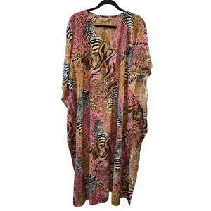 SANTE CLASSICS KAFTAN DRESS PINK TAN ANIMAL PRINT ONE SIZE RHINESTONES